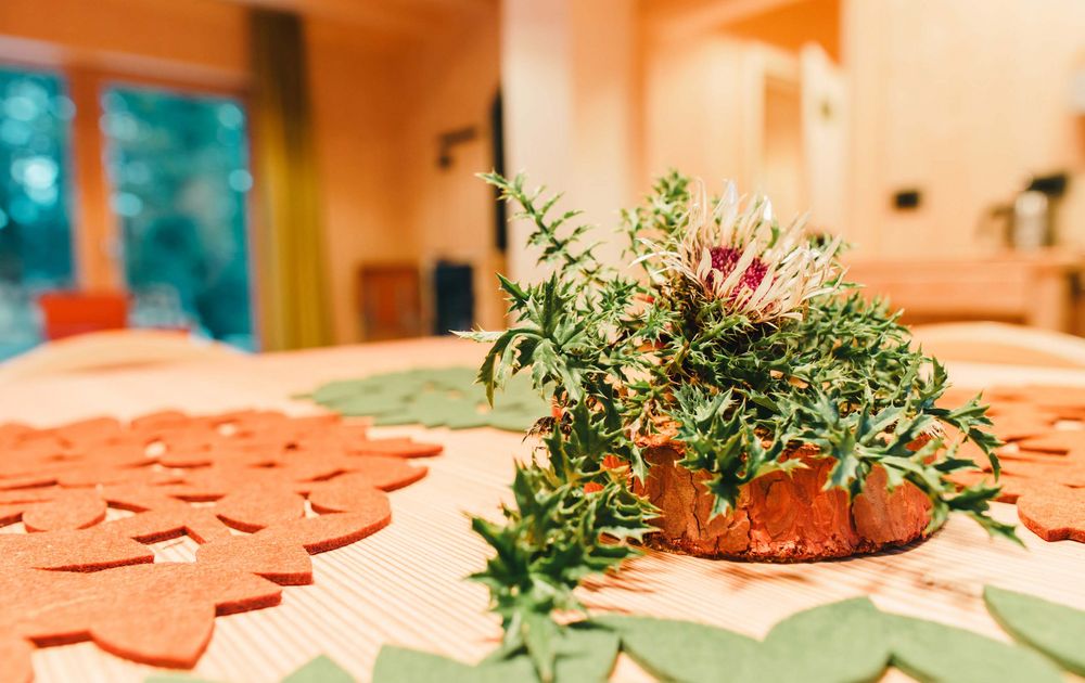 Wohnraum Esstisch Detail Deko Chalet MOMO feliZitas Urlaub Südtirol St. Felix